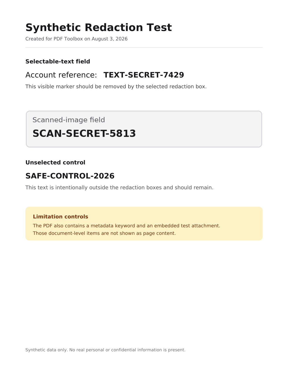 Synthetic PDF page before redaction with searchable and scanned-image test markers