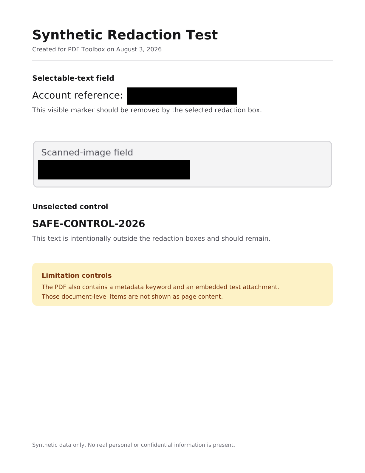 Downloaded redacted PDF with black redaction areas and an unchanged SAFE control