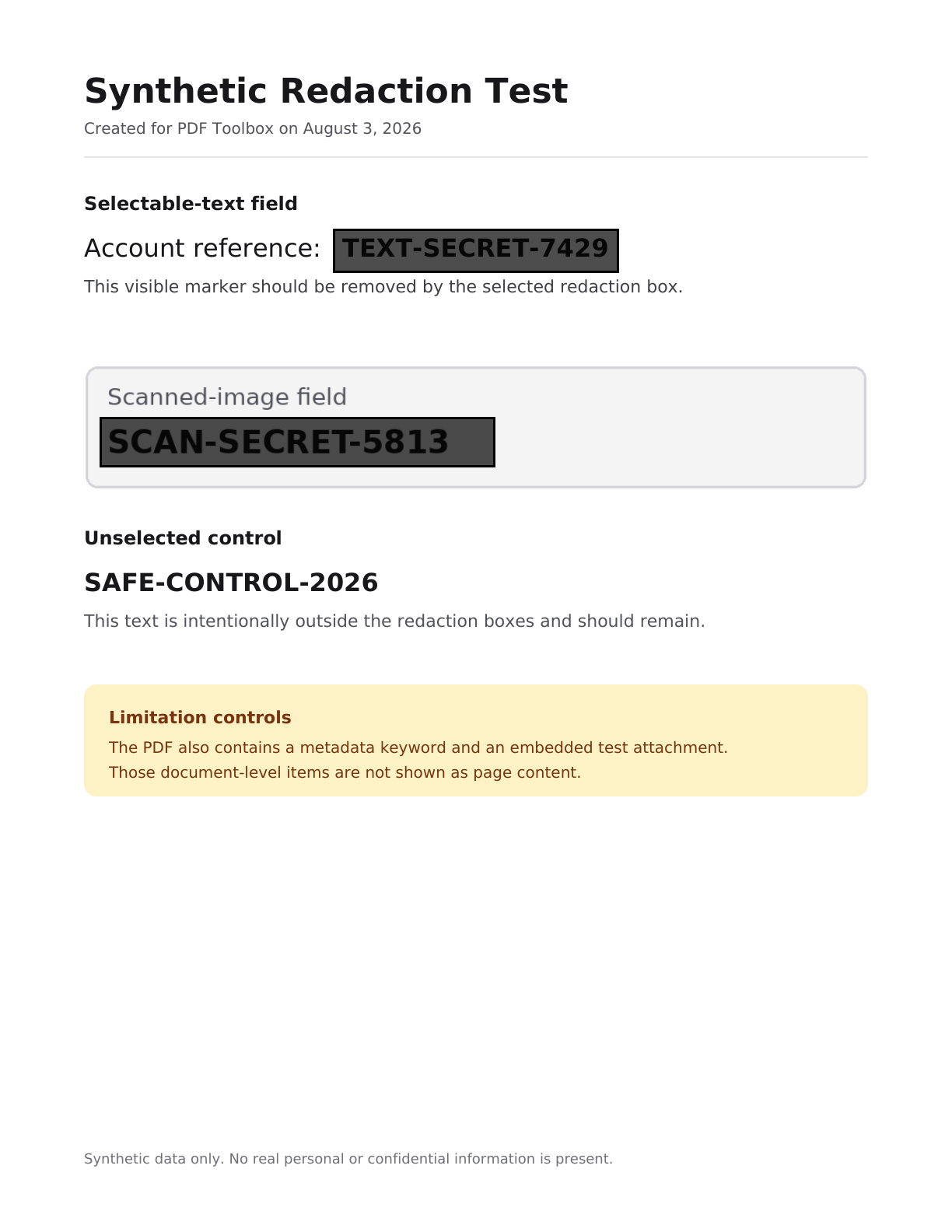 Production PDF preview annotated with the exact redaction boxes submitted through the API